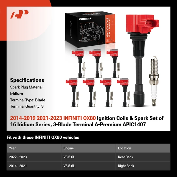 2014-2019 2021-2023 INFINITI QX80 Ignition Coils & Spark Set of 16 Iridium Series, 3-Blade Terminal A-Premium APIC1407