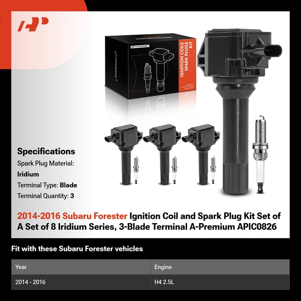2014-2016 Subaru Forester Ignition Coil and Spark Plug Kit Set of A Set of 8 Iridium Series, 3-Blade Terminal A-Premium APIC0826
