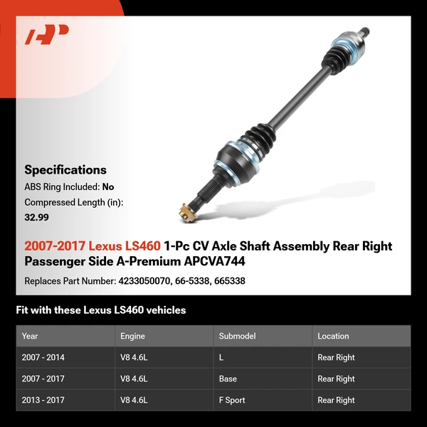 2007-2017 Lexus LS460 1-Pc CV Axle Shaft Assembly Rear Right Passenger Side A-Premium APCVA744