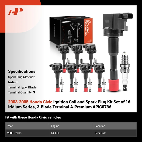 2003-2005 Honda Civic Ignition Coil and Spark Plug Kit Set of 16 Iridium Series, 3-Blade Terminal A-Premium APIC0786