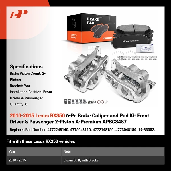 2010-2015 Lexus RX350 6-Pc Brake Caliper and Pad Kit Front Driver & Passenger 2-Piston A-Premium APBC3487