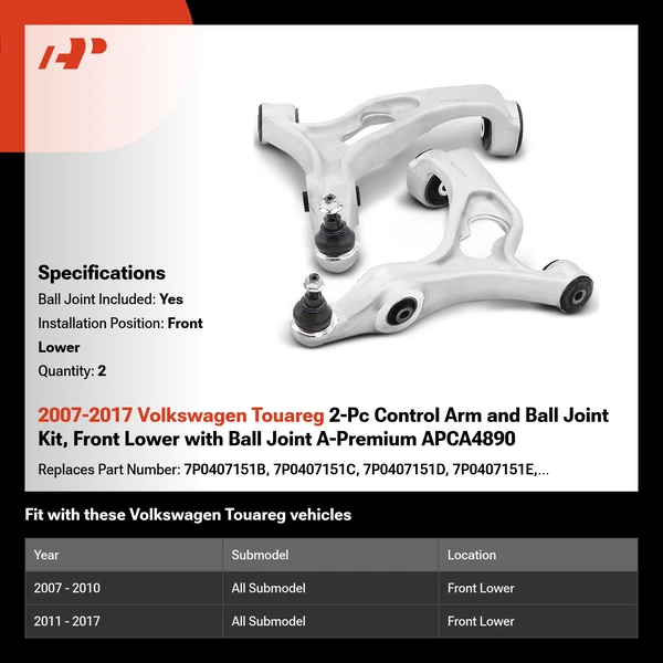 2007-2017 Volkswagen Touareg 2-Pc Control Arm and Ball Joint Kit, Front Lower with Ball Joint A-Premium APCA4890