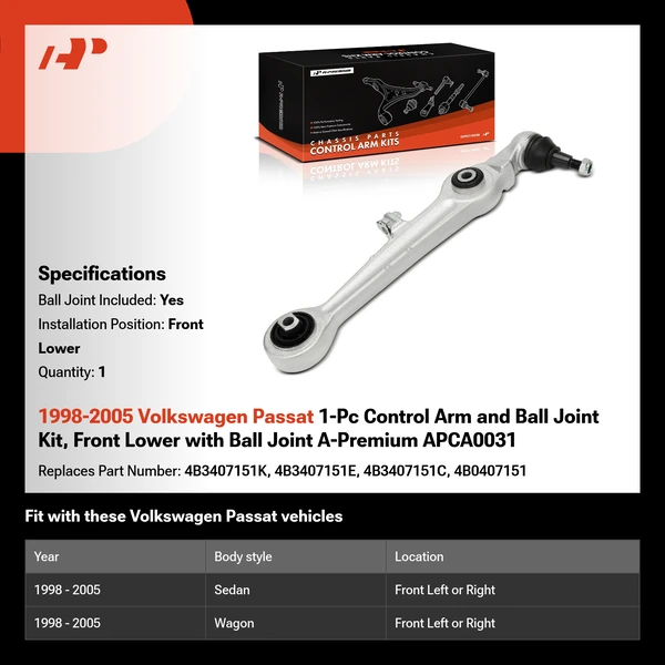 1998-2005 Volkswagen Passat 1-Pc Control Arm and Ball Joint Kit, Front Lower with Ball Joint A-Premium APCA0031