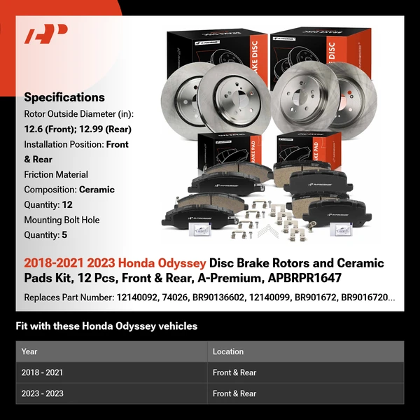 2018-2021 2023 Honda Odyssey Disc Brake Rotors and Ceramic Pads Kit, 12 Pcs, Front & Rear, A-Premium, APBRPR1647
