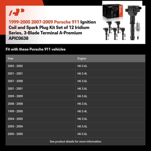 1999-2005 2007-2009 Porsche 911 Ignition Coil and Spark Plug Kit Set of 12 Iridium Series, 3-Blade Terminal A-Premium APIC0638