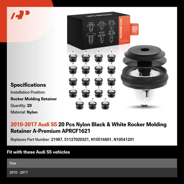 2010-2017 Audi S5 20 Pcs Nylon Black & White Rocker Molding Retainer A-Premium APRCF1621