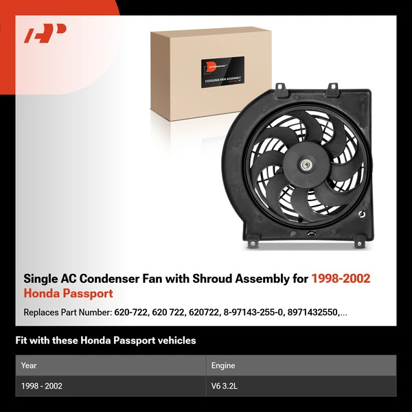 Single AC Condenser Fan with Shroud Assembly for 1998-2002 Honda Passport