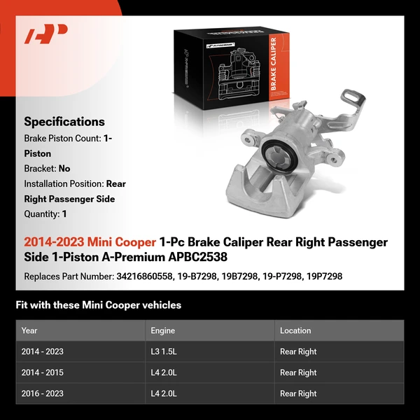 2014-2023 Mini Cooper 1-Pc Brake Caliper Rear Right Passenger Side 1-Piston A-Premium APBC2538