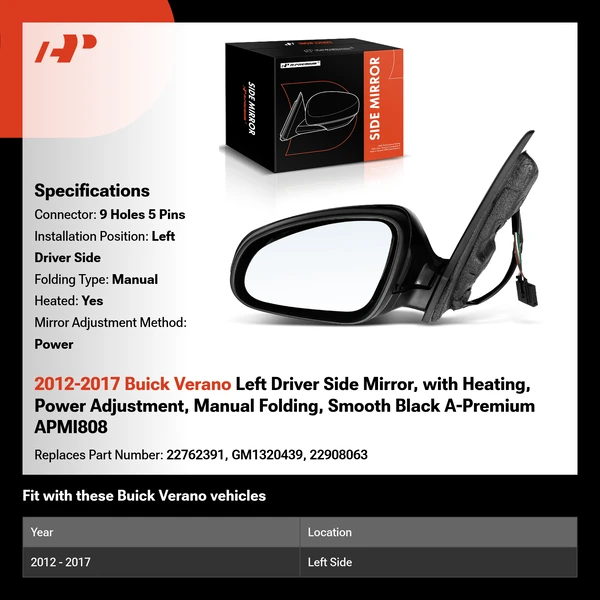 2012-2017 Buick Verano Left Driver Side Mirror, with Heating, Power Adjustment, Manual Folding, Smooth Black A-Premium APMI808