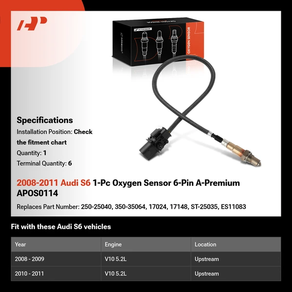 2008-2011 Audi S6 1-Pc Oxygen Sensor 6-Pin A-Premium APOS0114