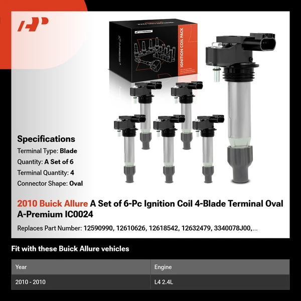 2010 Buick Allure A Set of 6-Pc Ignition Coil 4-Blade Terminal Oval A-Premium IC0024