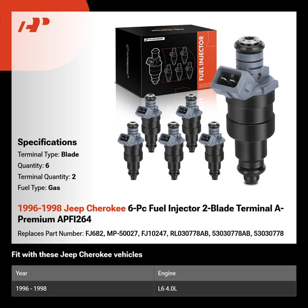 1996-1998 Jeep Cherokee 6-Pc Fuel Injector 2-Blade Terminal A-Premium APFI264