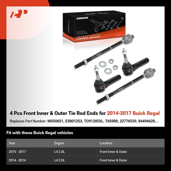 4 Pcs Front Inner & Outer Tie Rod Ends for 2014-2017 Buick Regal