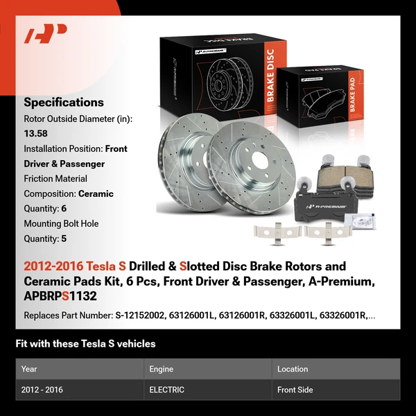 2012-2016 Tesla S Drilled & Slotted Disc Brake Rotors and Ceramic Pads Kit, 6 Pcs, Front Driver & Passenger, A-Premium, APBRPS1132
