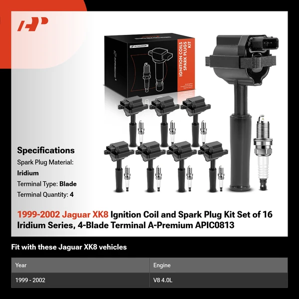 1999-2002 Jaguar XK8 Ignition Coil and Spark Plug Kit Set of 16 Iridium Series, 4-Blade Terminal A-Premium APIC0813