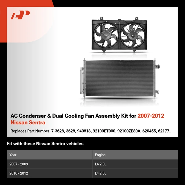 AC Condenser & Dual Cooling Fan Assembly Kit for 2007-2012 Nissan Sentra
