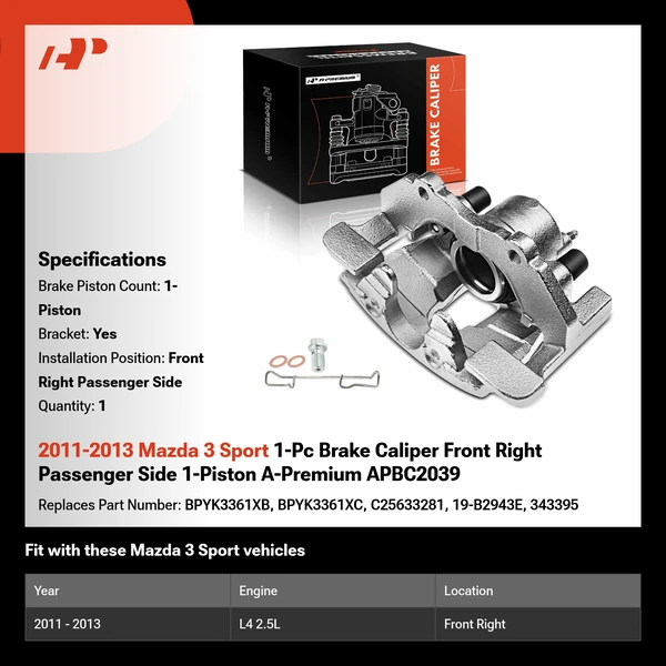 2011-2013 Mazda 3 Sport 1-Pc Brake Caliper Front Right Passenger Side 1-Piston A-Premium APBC2039