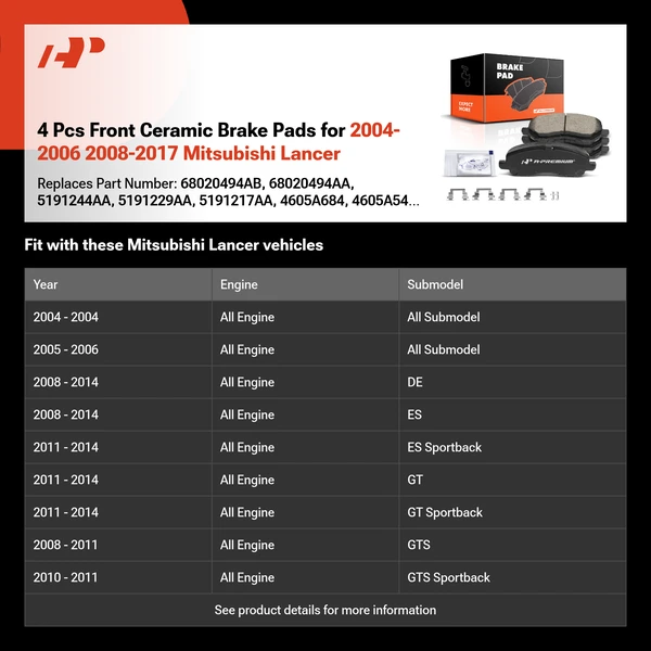4 Pcs Front Ceramic Brake Pads for 2004-2006 2008-2017 Mitsubishi Lancer