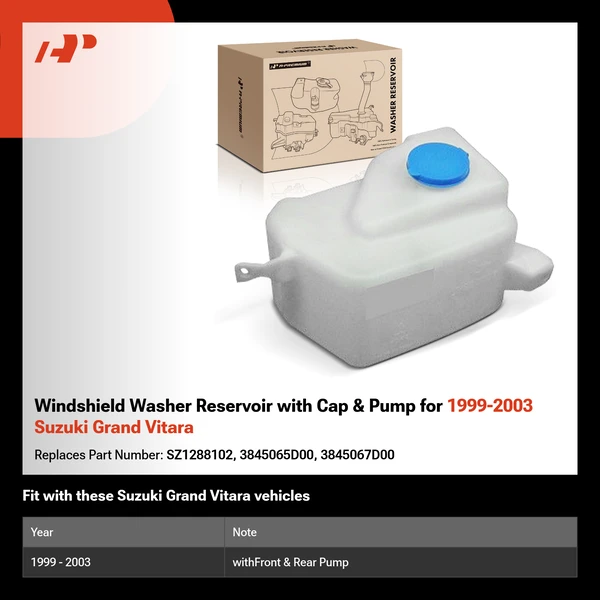Windshield Washer Reservoir with Cap & Pump for 1999-2003 Suzuki Grand Vitara