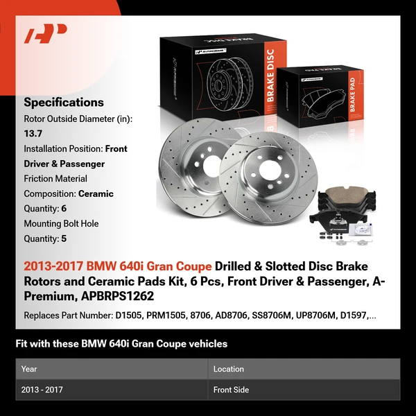 2013-2017 BMW 640i Gran Coupe Drilled & Slotted Disc Brake Rotors and Ceramic Pads Kit, 6 Pcs, Front Driver & Passenger, A-Premium, APBRPS1262