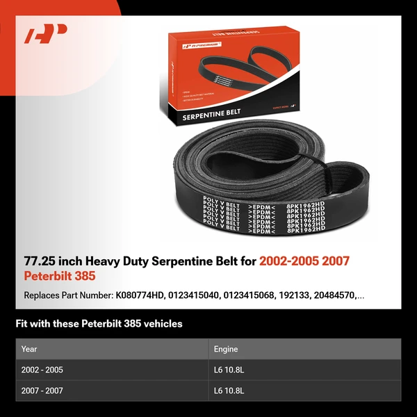 77.25 inch Heavy Duty Serpentine Belt for 2002-2005 2007 Peterbilt 385