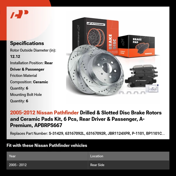 2005-2012 Nissan Pathfinder Drilled & Slotted Disc Brake Rotors and Ceramic Pads Kit, 6 Pcs, Rear Driver & Passenger, A-Premium, APBRPS667
