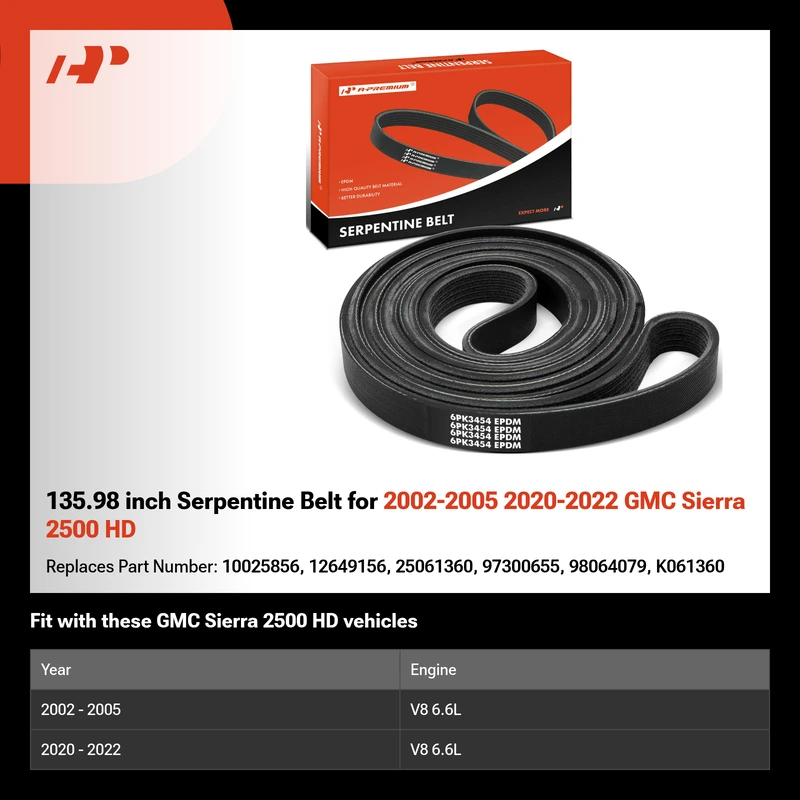 135.98 inch Serpentine Belt for 2002-2005 2020-2022 GMC Sierra 2500 HD