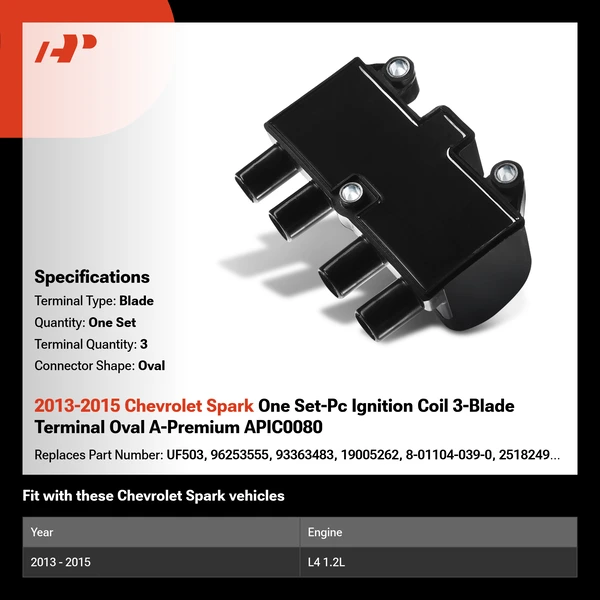 2013-2015 Chevrolet Spark One Set-Pc Ignition Coil 3-Blade Terminal Oval A-Premium APIC0080