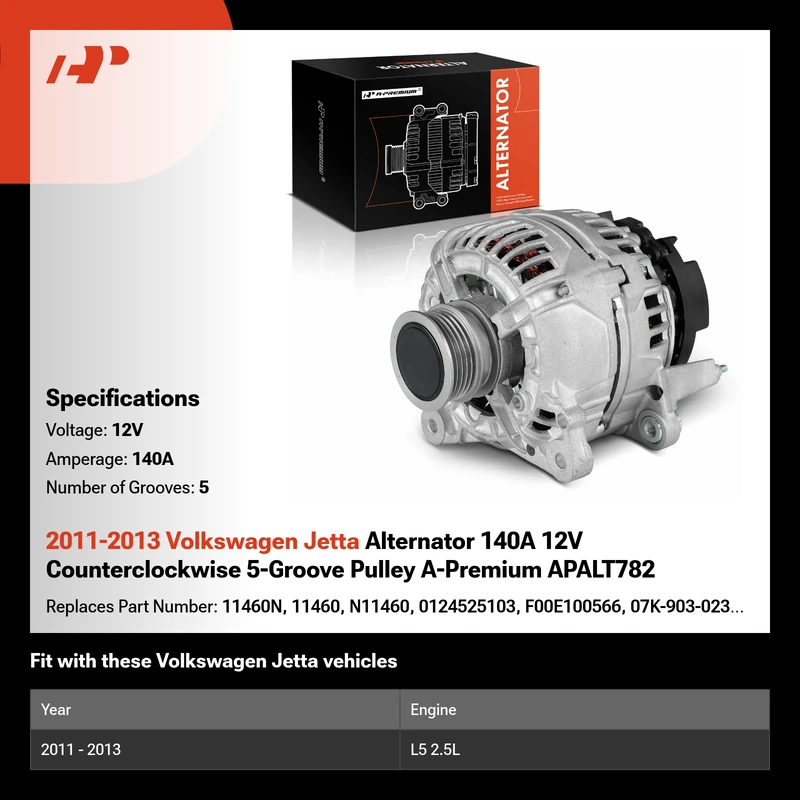 2011-2013 Volkswagen Jetta Alternator 140A 12V Counterclockwise 5-Groove Pulley A-Premium APALT782
