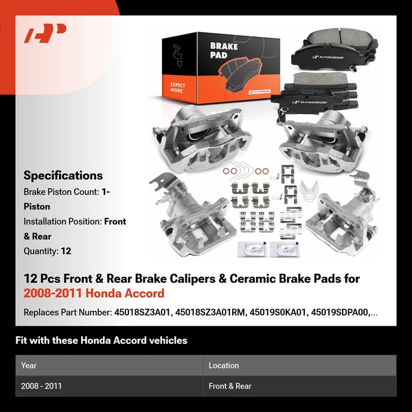 12 Pcs Front & Rear Brake Calipers & Ceramic Brake Pads for 2008-2011 Honda Accord