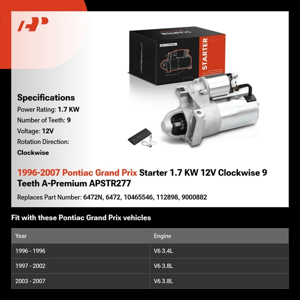 1996-2007 Pontiac Grand Prix Starter 1.7 KW 12V Clockwise 9 Teeth A-Premium APSTR277
