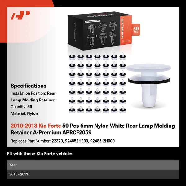 2010-2013 Kia Forte 50 Pcs 6mm Nylon White Rear Lamp Molding Retainer A-Premium APRCF2059