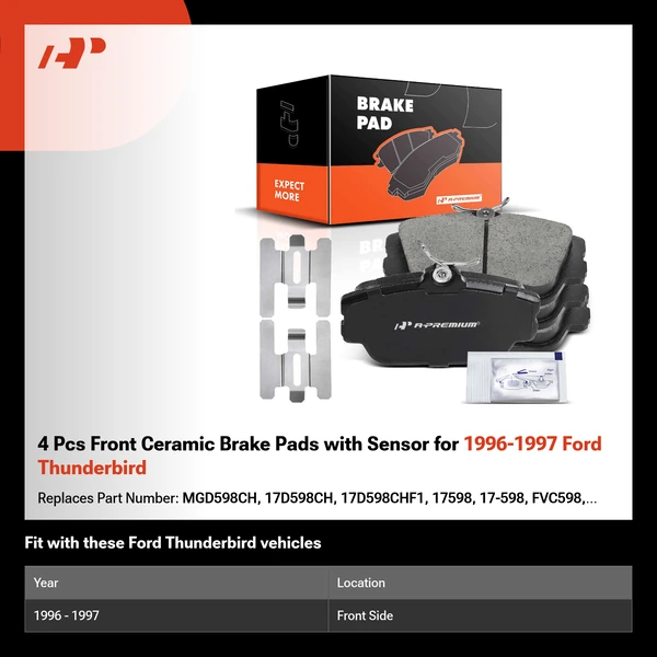 4 Pcs Front Ceramic Brake Pads with Sensor for 1996-1997 Ford Thunderbird