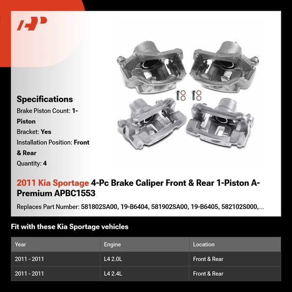 2011 Kia Sportage 4-Pc Brake Caliper Front & Rear 1-Piston A-Premium APBC1553
