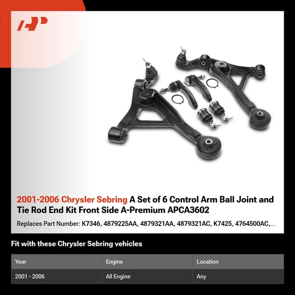 2001-2006 Chrysler Sebring A Set of 6 Control Arm Ball Joint and Tie Rod End Kit Front Side A-Premium APCA3602