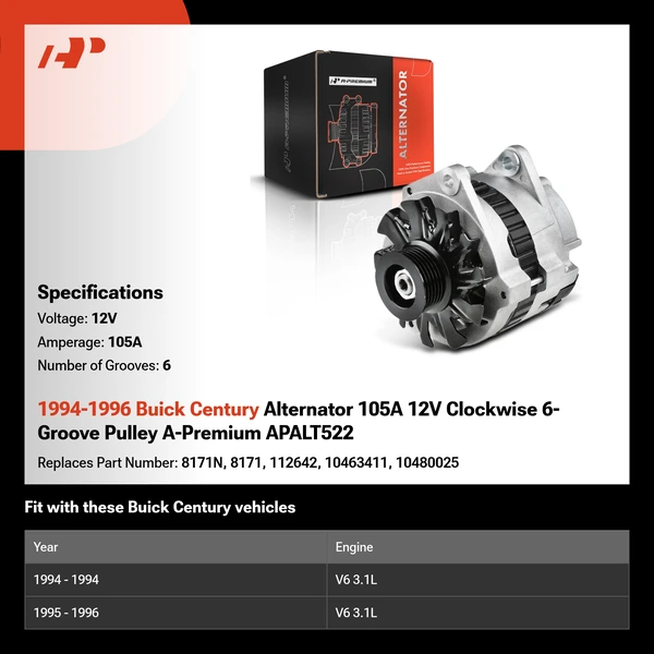 1994-1996 Buick Century Alternator 105A 12V Clockwise 6-Groove Pulley A-Premium APALT522