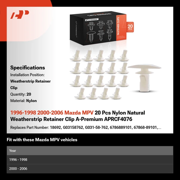 1996-1998 2000-2006 Mazda MPV 20 Pcs Nylon Natural Weatherstrip Retainer Clip A-Premium APRCF4076