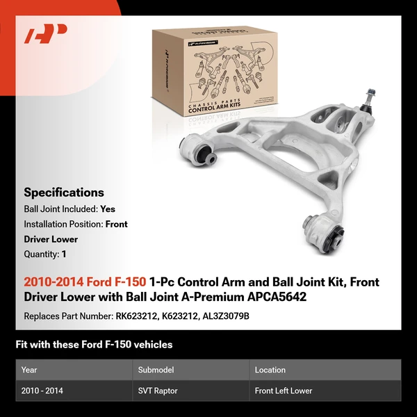 2010-2014 Ford F-150 1-Pc Control Arm and Ball Joint Kit, Front Driver Lower with Ball Joint A-Premium APCA5642