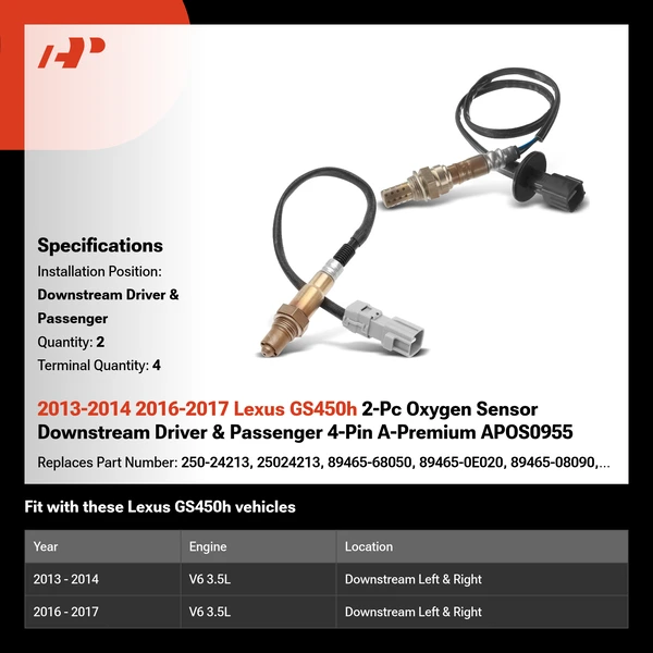 2013-2014 2016-2017 Lexus GS450h 2-Pc Oxygen Sensor Downstream Driver & Passenger 4-Pin A-Premium APOS0955