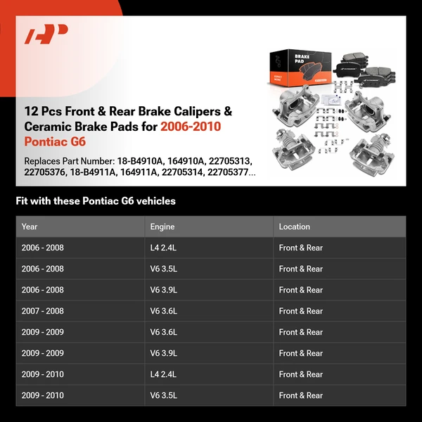 12 Pcs Front & Rear Brake Calipers & Ceramic Brake Pads for 2006-2010 Pontiac G6