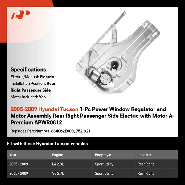 2005-2009 Hyundai Tucson 1-Pc Power Window Regulator and Motor Assembly Rear Right Passenger Side Electric with Motor A-Premium APWR0812