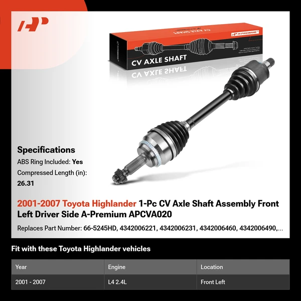 2001-2007 Toyota Highlander 1-Pc CV Axle Shaft Assembly Front Left Driver Side A-Premium APCVA020