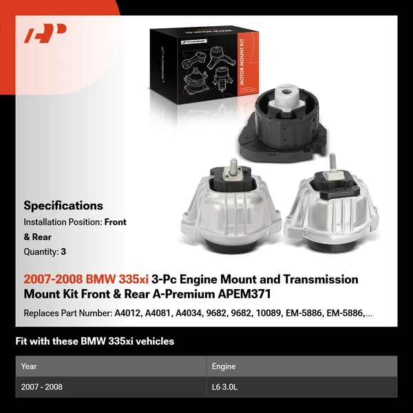 2007-2008 BMW 335xi 3-Pc Engine Mount and Transmission Mount Kit Front & Rear A-Premium APEM371