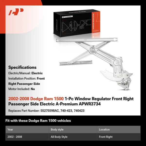 2002-2008 Dodge Ram 1500 1-Pc Window Regulator Front Right Passenger Side Electric A-Premium APWR3734