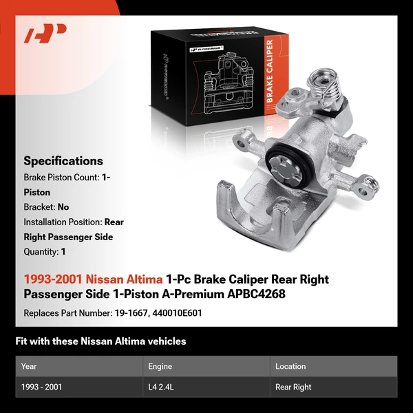 1993-2001 Nissan Altima 1-Pc Brake Caliper Rear Right Passenger Side 1-Piston A-Premium APBC4268