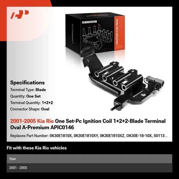 2001-2005 Kia Rio One Set-Pc Ignition Coil 1+2+2-Blade Terminal Oval A-Premium APIC0146