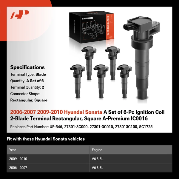2006-2007 2009-2010 Hyundai Sonata A Set of 6-Pc Ignition Coil 2-Blade Terminal Rectangular, Square A-Premium IC0016