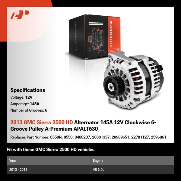 2013 GMC Sierra 2500 HD Alternator 145A 12V Clockwise 6-Groove Pulley A-Premium APALT630