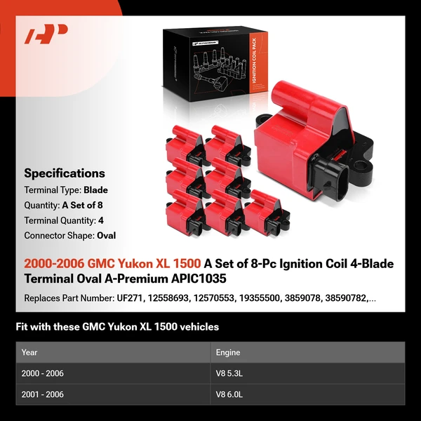 2000-2006 GMC Yukon XL 1500 A Set of 8-Pc Ignition Coil 4-Blade Terminal Oval A-Premium APIC1035