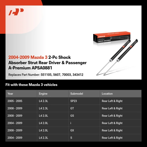 2004-2009 Mazda 3 2-Pc Shock Absorber Strut Rear Driver & Passenger A-Premium APSA0881